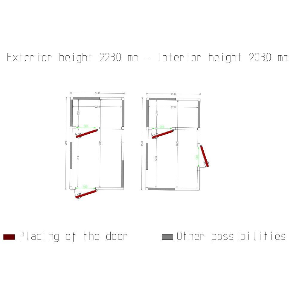 C2010/XBF-COMBI | Combi koelkamer ISO 100, binnen afmetingen 2230 x 2630 & 2230 x 1230 xh 2230 mm  (13,08 + 6,12 m³)