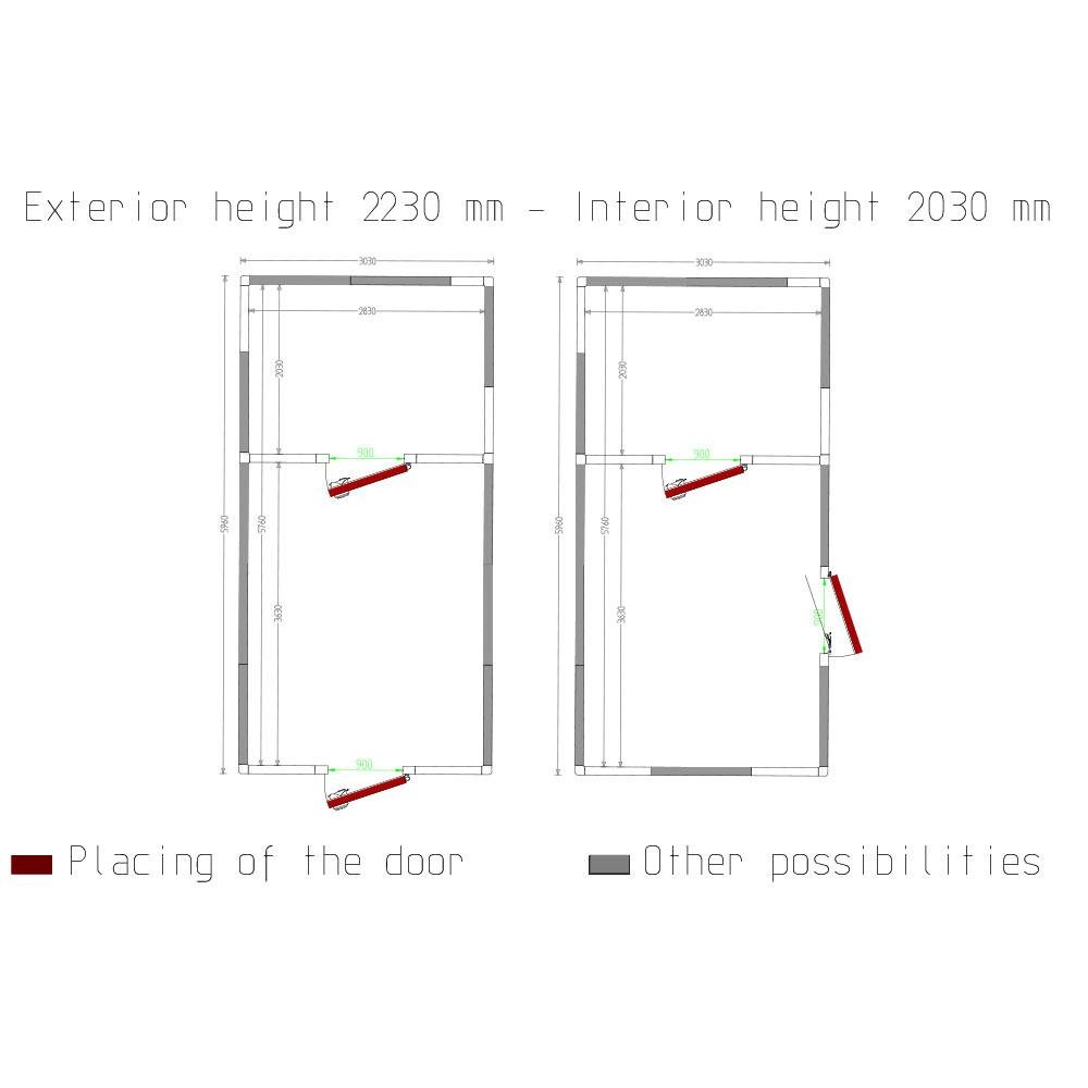 C3810/XBF-COMBI | Chambre combi ISO 100, dim.int. 2830 x 3630 & 2830 x 2030 xh 2230 mm  (22,91 + 12,81 m³)
