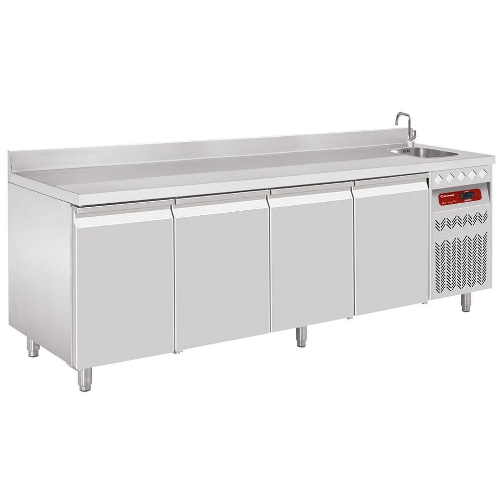 DT224/P9A_EV | Geventileerde koeltafel "muraal", 4 deuren GN 1/1,  550 Lit. met spoelbak