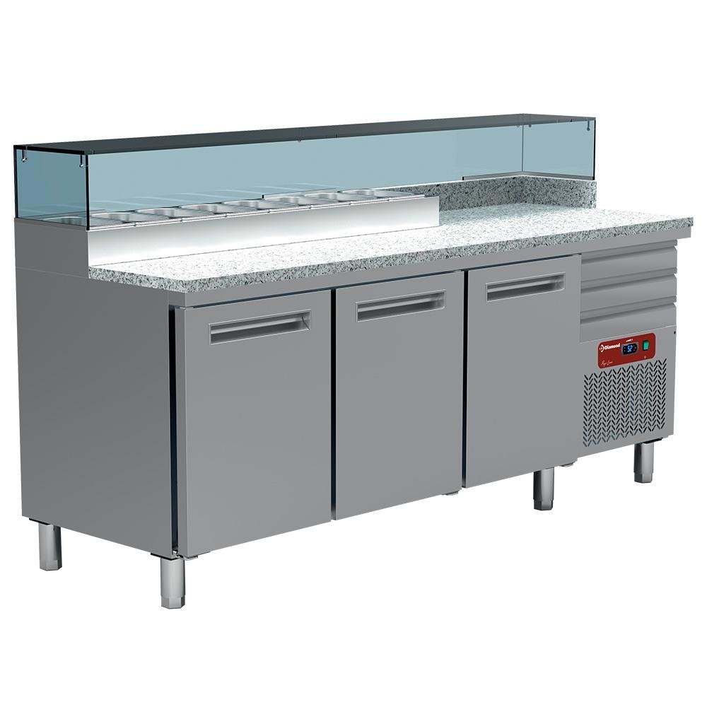 MR-MAXIPIZZA/R2 | Pizzeria koeltafel, 3 deuren EN 600x400, 3 neutrale laden EN 600x400, gekoelde structuur 8x GN ¼