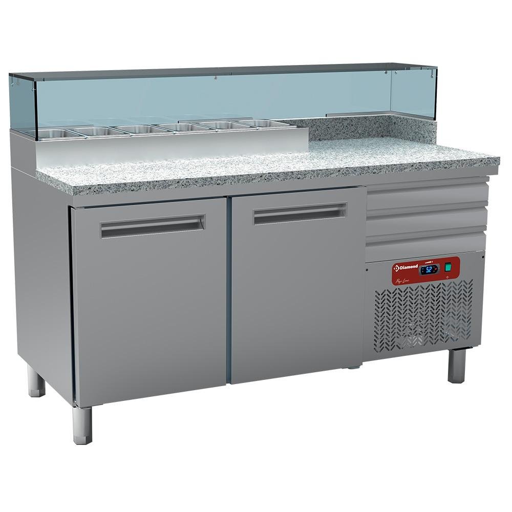 MR-PIZZA/R2 | Table frigo pizzeria, 2 portes EN 600x400, 3 tiroirs neutres EN 600x400, structure réfrigérée 6x GN 1/4