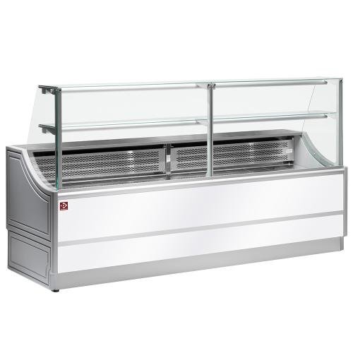 OL250/A2-R/R2 | Comptoir vitrine réfrigérée à vitre droite 90°, avec réserve