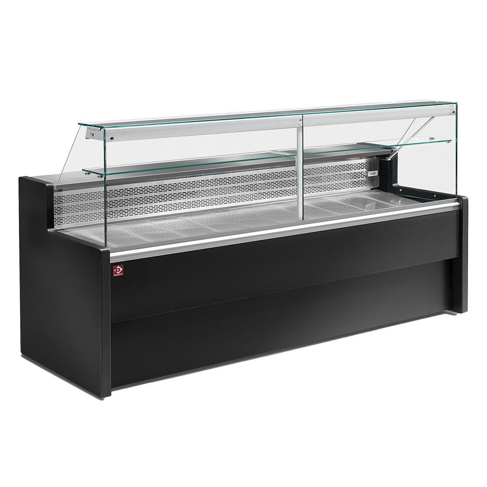 RO10/B5-R2 | Comptoirs vitrine réfrigérés à vitre droite 90°, avec réserve - NOIR