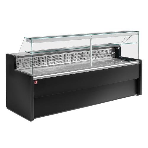 RO15/B5-R2 | Comptoirs vitrine réfrigérés à vitre droite 90°, avec réserve - NOIR
