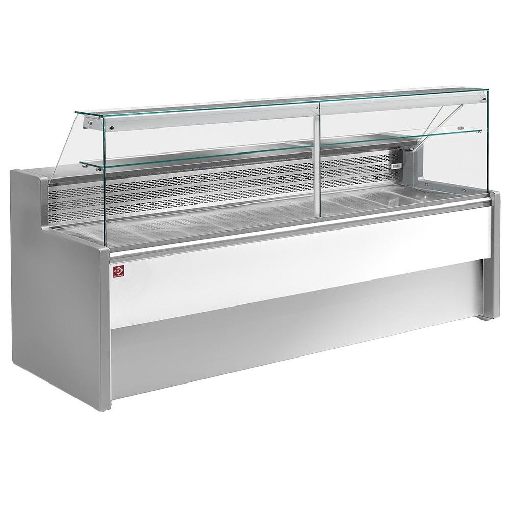 RO30/E8-R2 | Comptoir vitrine réfrigéré à vitre droite 90°, avec réserve - GRIS/BLANC