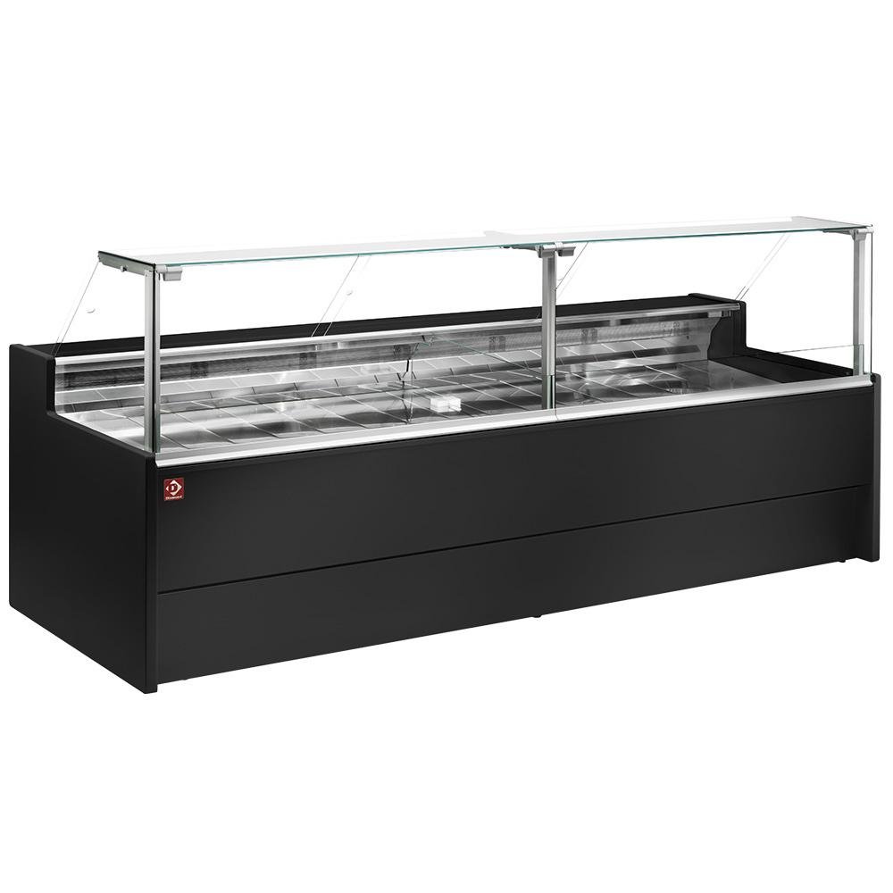 VZ15/B5-VR2 | Comptoir vitrine réfrigéré à vitre droite 90° sur pistons, ventilé, avec réserve - NOIR