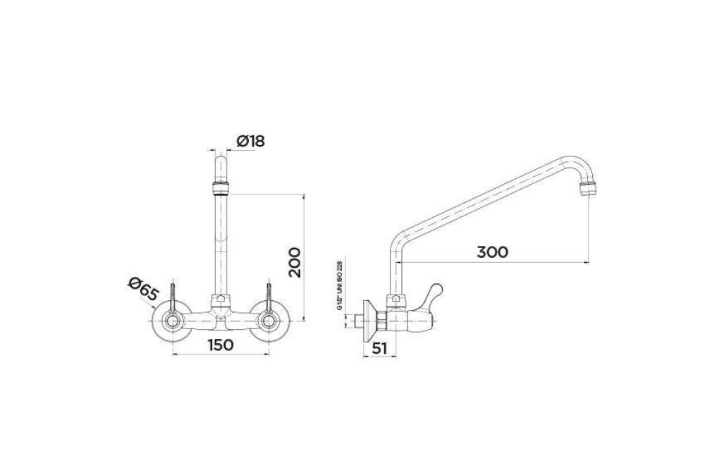 LKF-1444-000 | BI-TROU ROBINET MELANGEUR QUART DE TOUR - FIXATION MURALE - 300MM