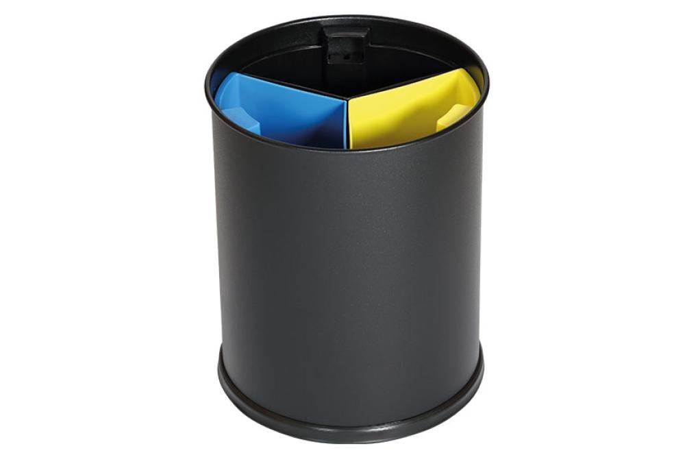 WSS-0001-020 | RONDE AFVALKORF 13L - 3 COMPARTIMENTEN INZETBAKJES ZWART/GEEL/BLAUW 3,3L