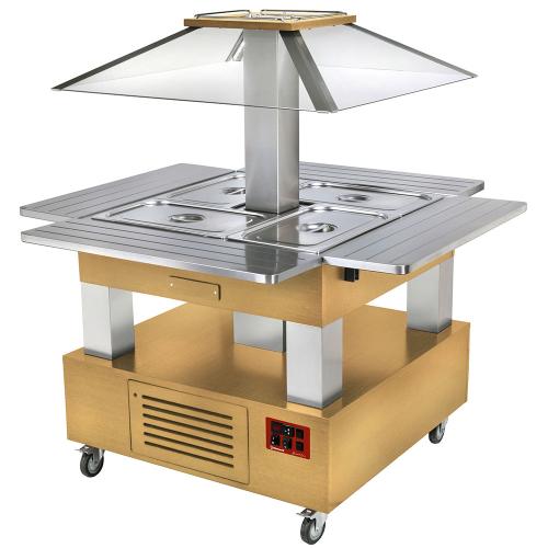 CBM/4D-D1_KM | Eiland bain-marie warm buffet, gemotoriseerd koepel 4x GN 1/1-150 (licht hout)