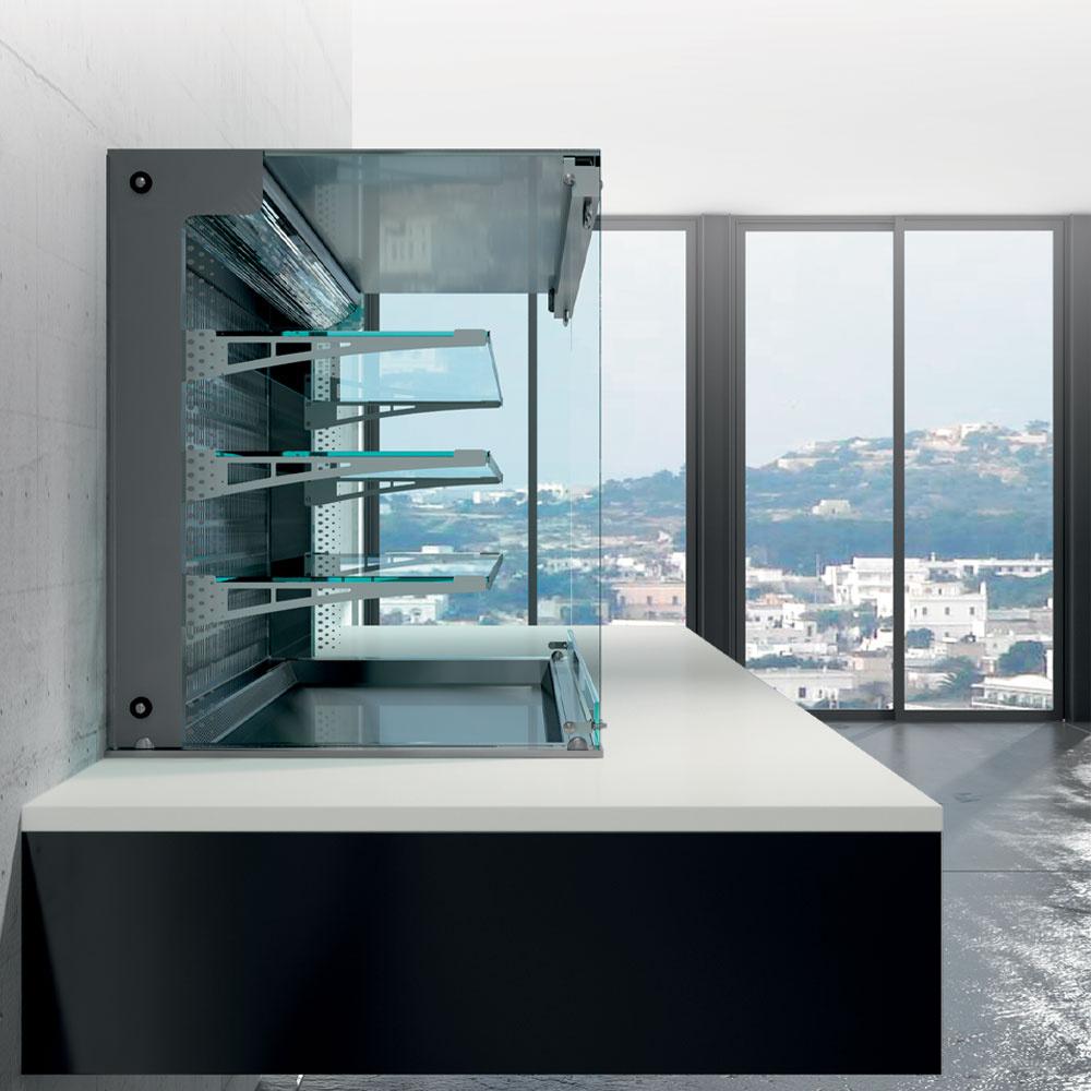 DPA/CTVA315-R2 | Mural avec top et vitrine "carrée" sur 3 niveaux ouverte (avec rideau), réfrigérés, ventilés, 4x GN 1/1