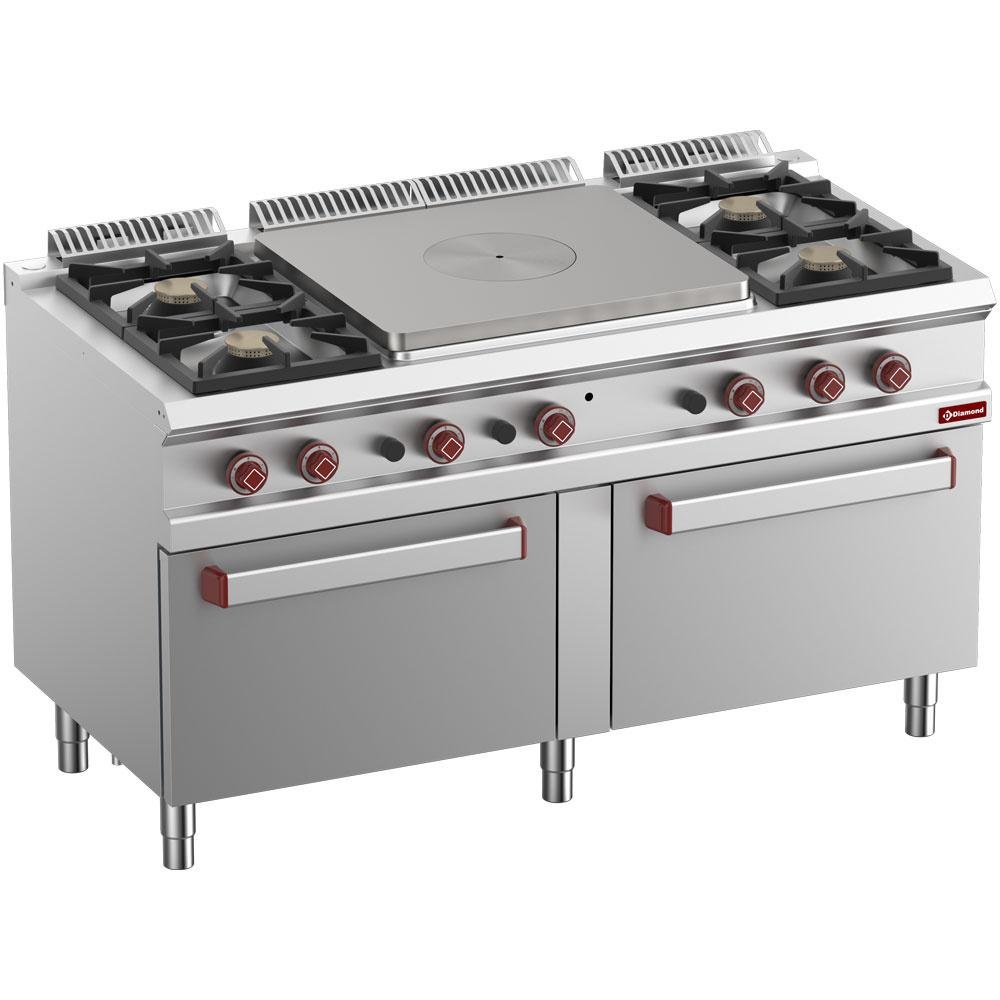 G7/T4B2F15-N | Fourneau  gaz 4 feux vifs, taque coup de feu centrale, 2 fours gaz GN 2/1