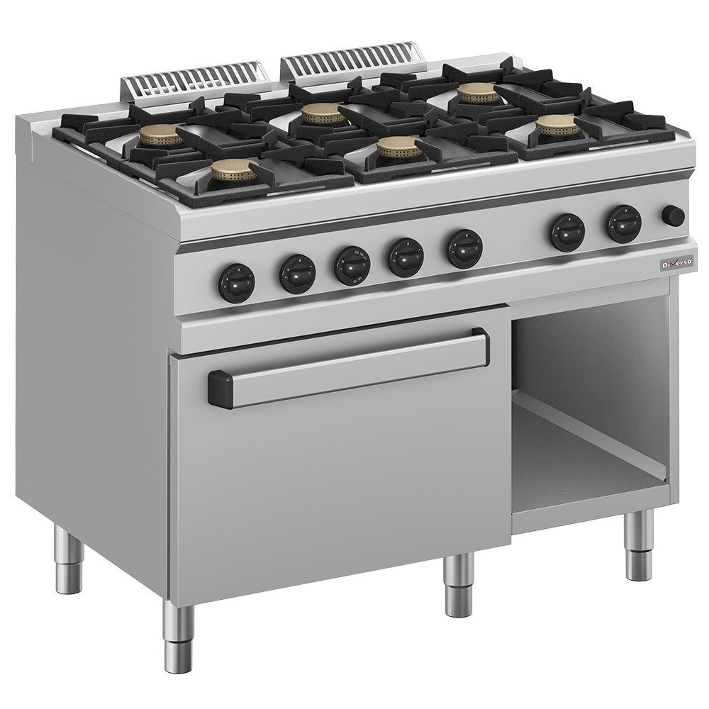 WR-G6BF-F2 | Fourneau gaz 6 feux vifs, sur four gaz GN 2/1 et armoire