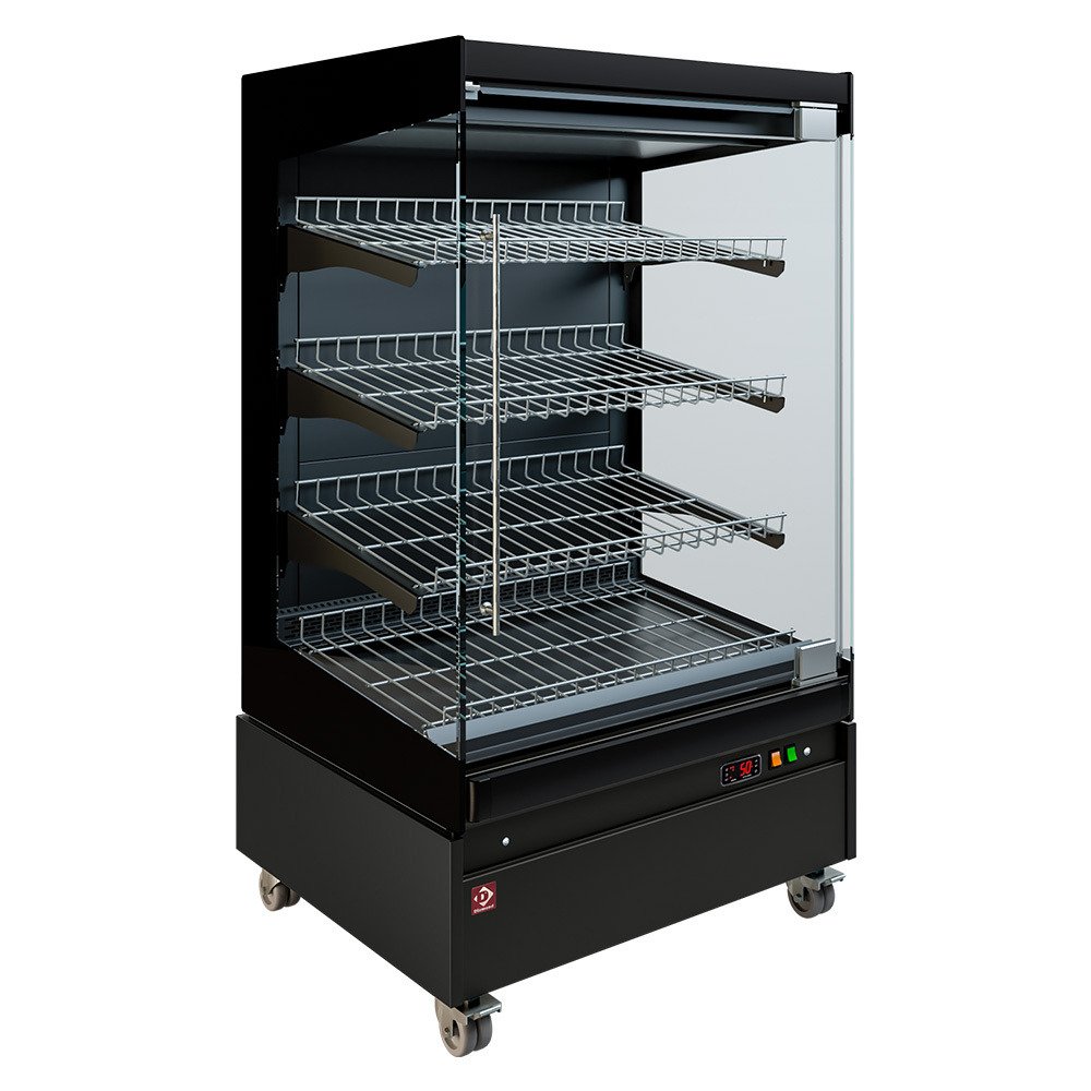 HAS08-P5 | Vitrine chauffante,  libre-service, avec porte vitrée, sur roues - FULL BLACK