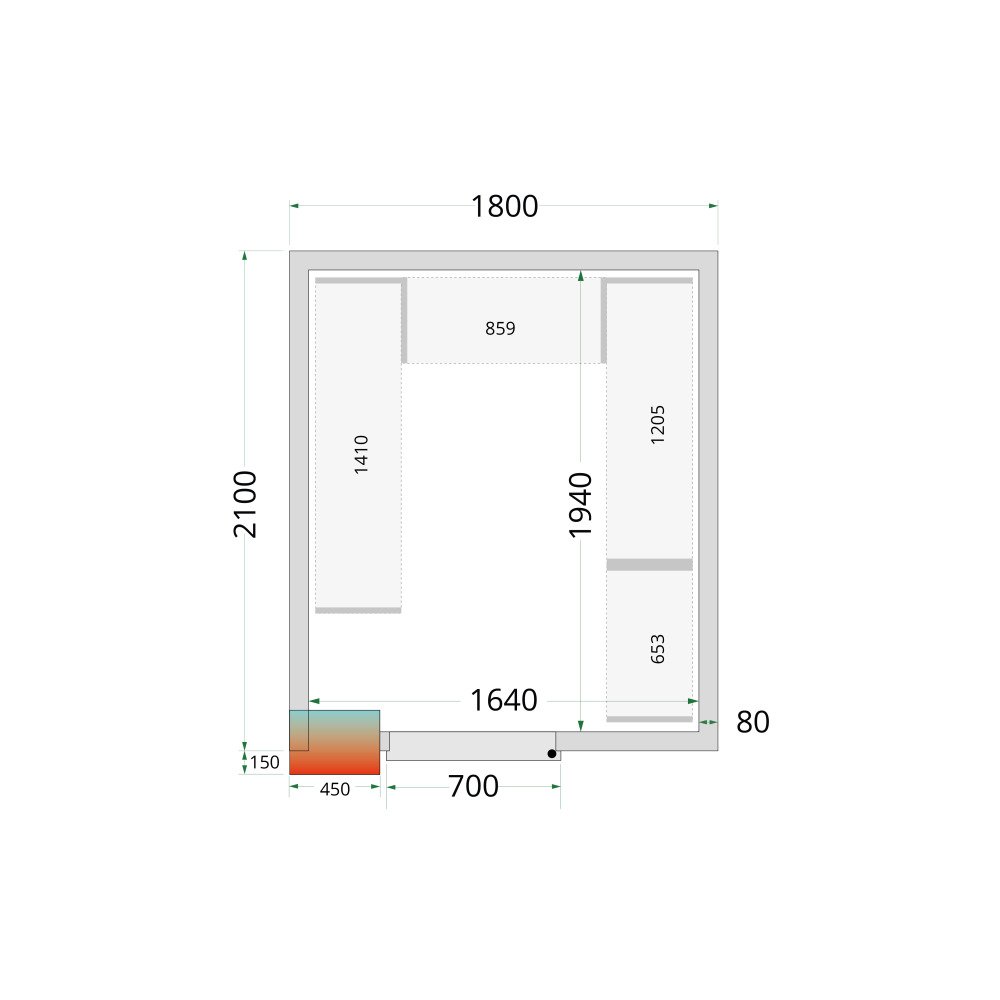 CR 180x210x212 NF Koelcelpanelen 80 mm - zonder vloer