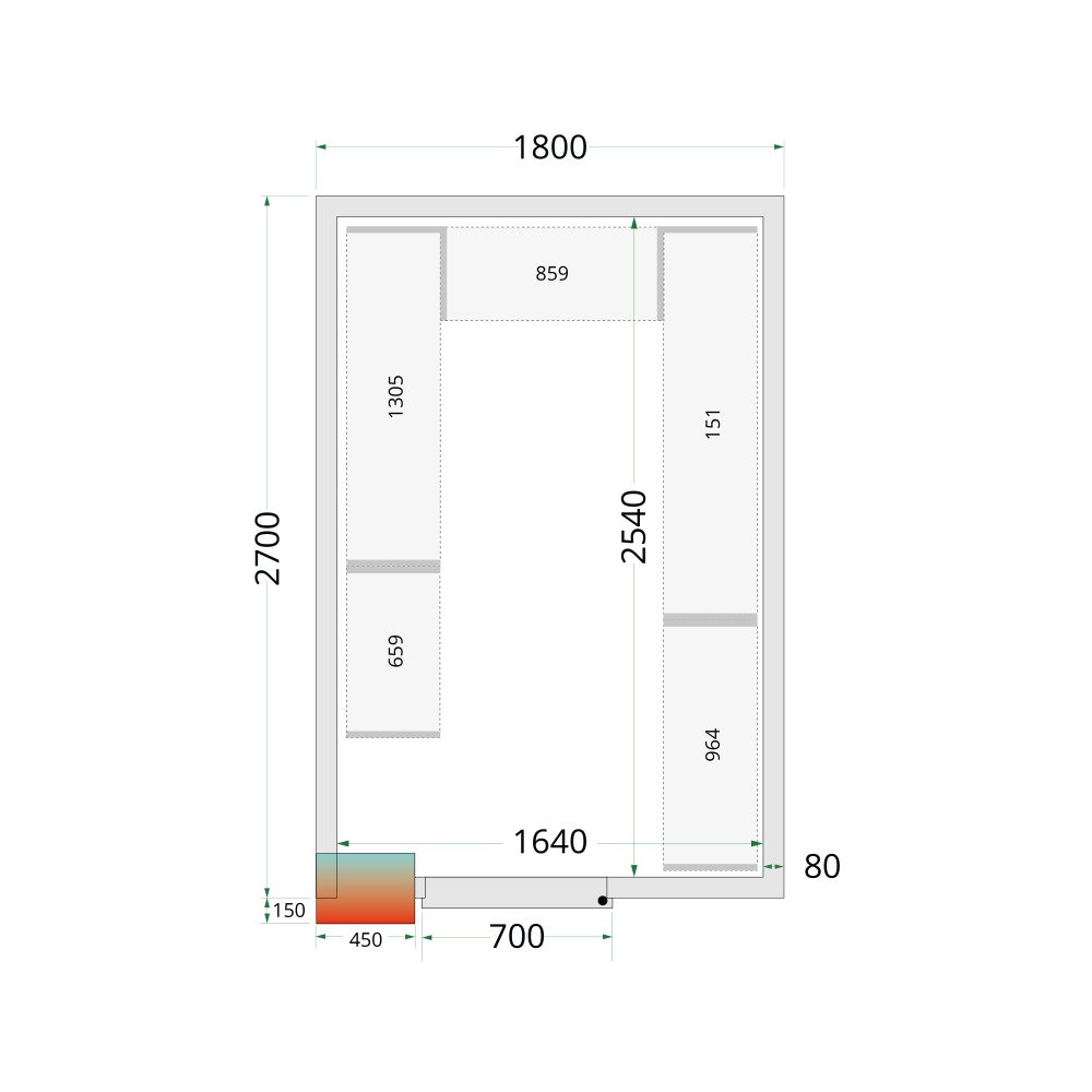 CR 180x270x212 NF Koelcelpanelen 80 mm - zonder vloer
