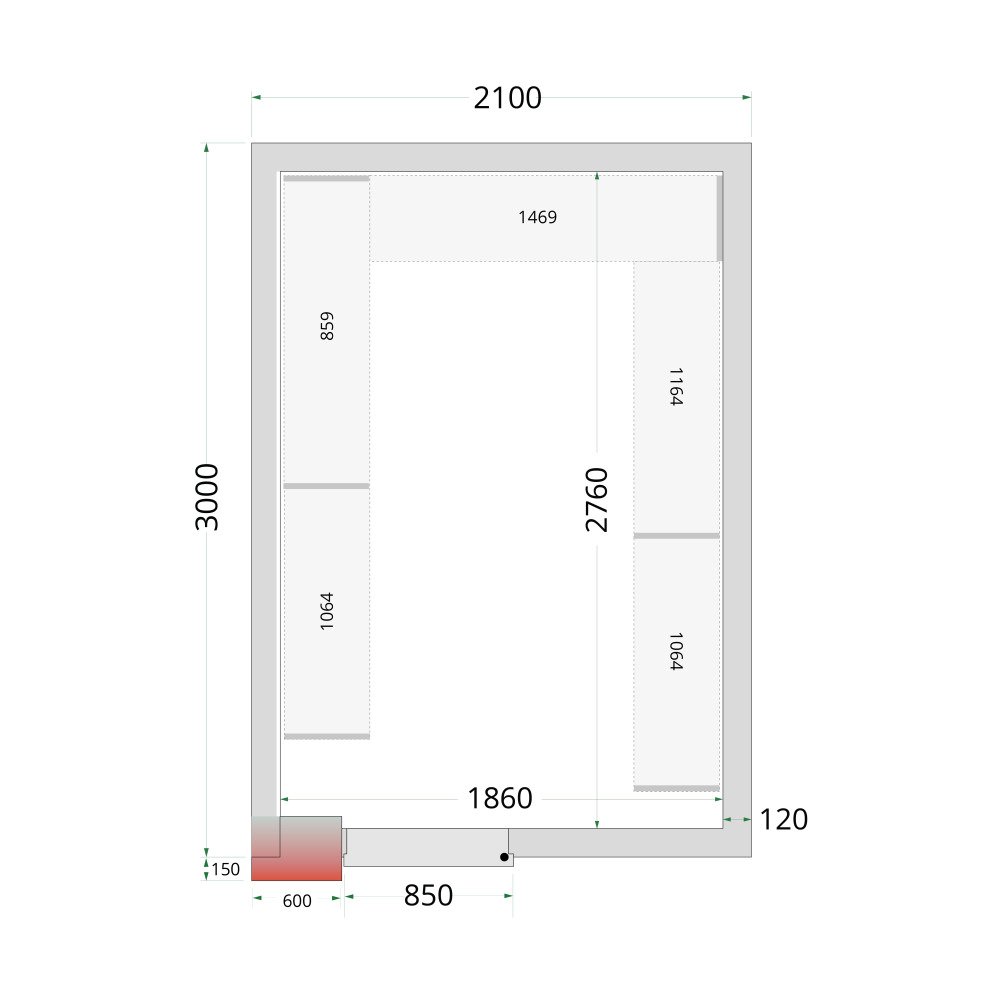 CR 210x300x220 WD Panneaux de chambre congélation 120 mm - porte de 850 mm
