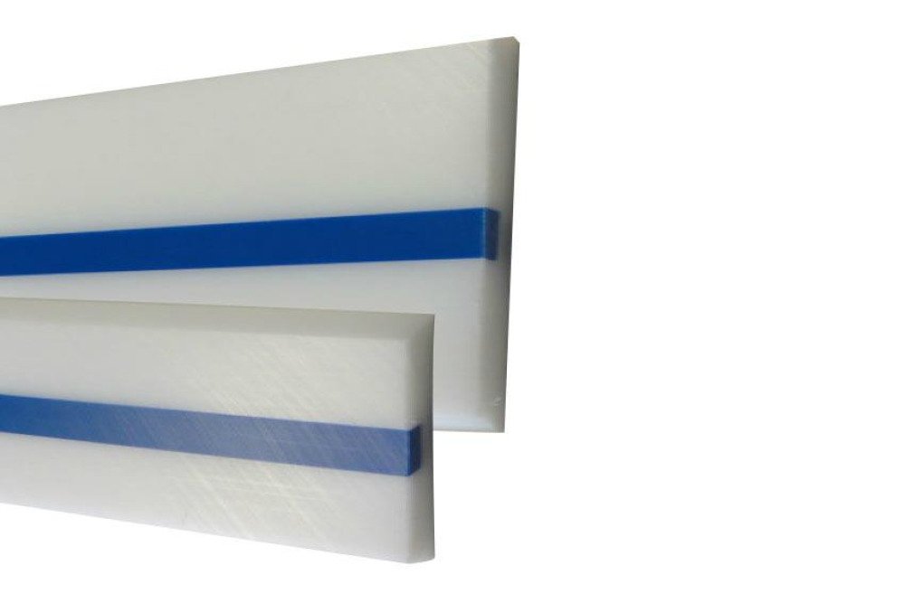 PPE-1102-060 | BANDE PARE-CHOCS BLANC PE + PROF. INSERT EN BLEU DIM.  2000X100X15 MM - A VISSER