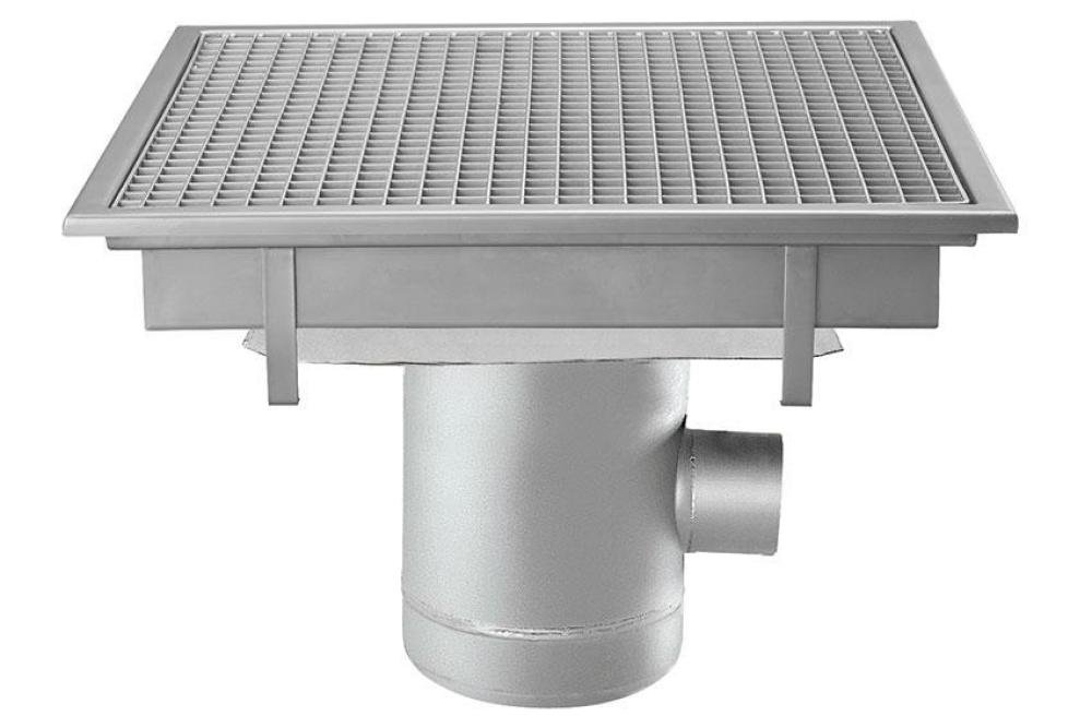 FMC-8205-000 | RVS VLOERAFVOERPUT 600X600MM ZIJDELINGSE AFVOER 100MM