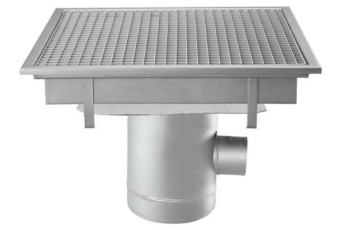 FMC-8205-000 | RVS VLOERAFVOERPUT 600X600MM ZIJDELINGSE AFVOER 100MM