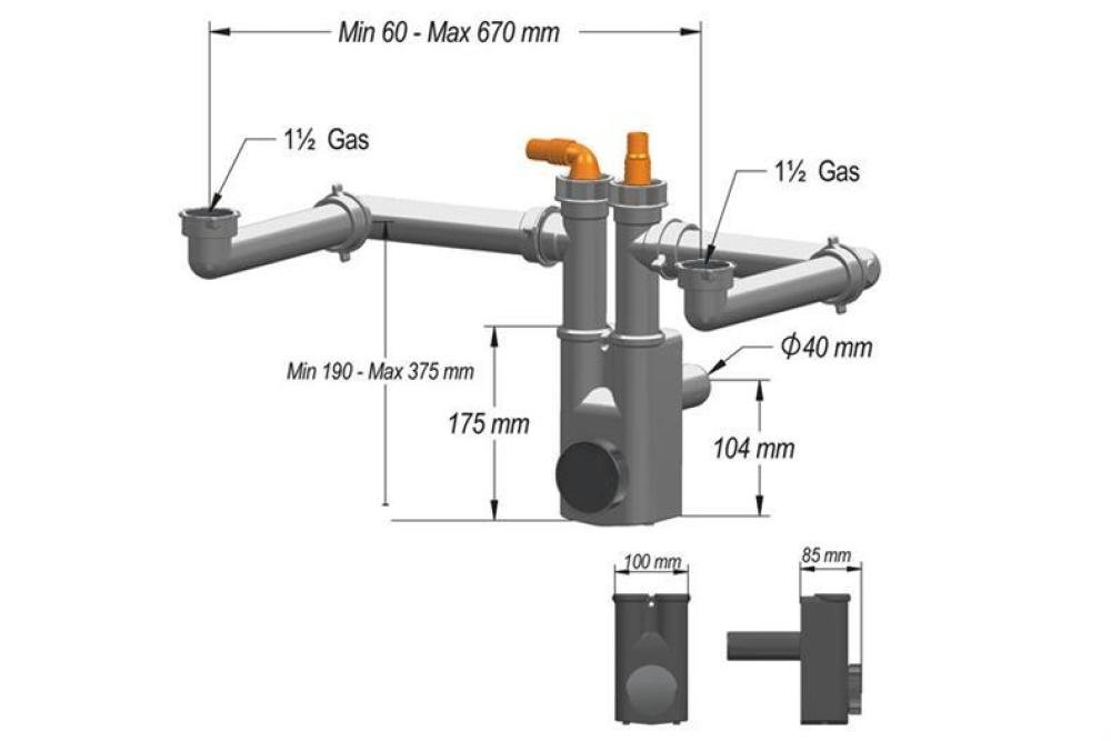 SIF-2020-000 | REINIGBARE SIFON VOOR 2 SPOELBAKKEN MAX. 705MM - MET 2 VAATWASAANSLUITINGEN