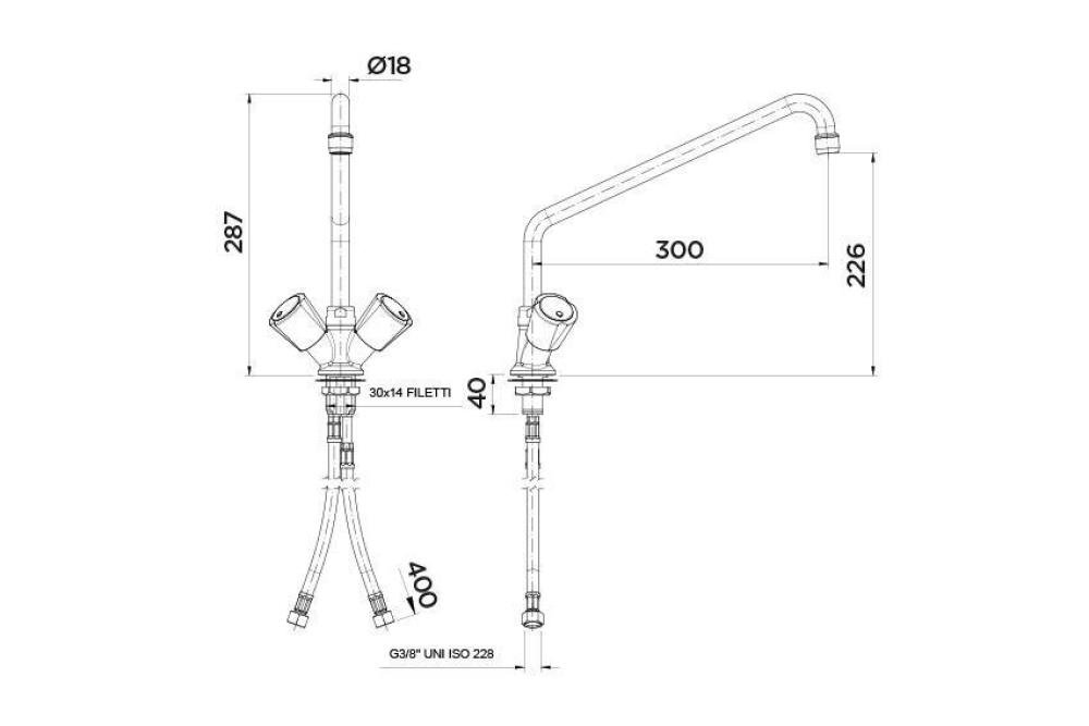LKF-1214-000 | ROBINET MELANGEUR MONOTROU 2 BOUTONS - MONTAGE SR TABLE - 300MM