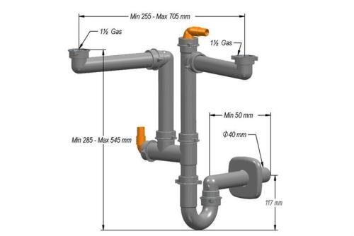 SIF-1020-000 | SIPHON STANDARD POUR 2 CUVES MAX. 705MM - 2 RACCORDS LAVE-VAISSELLE