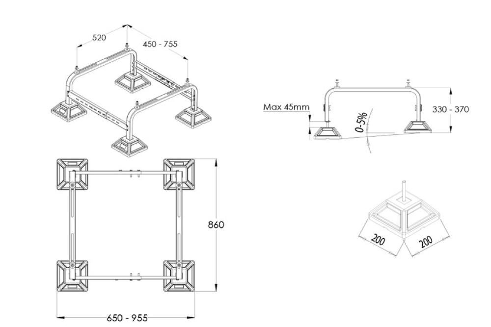 ALX-8000-312 | FRAMEFOOT MINI CADRE DE MONTAGE 955X860X370MM ? PIED 200MM