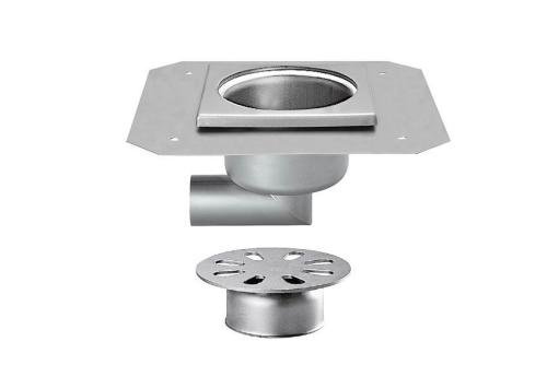 FMC-3025-000 | RVS VLOERAFVOERPUT 200X200MM ZIJDELINGSE AFVOER 63MM - ZWARE LASTEN