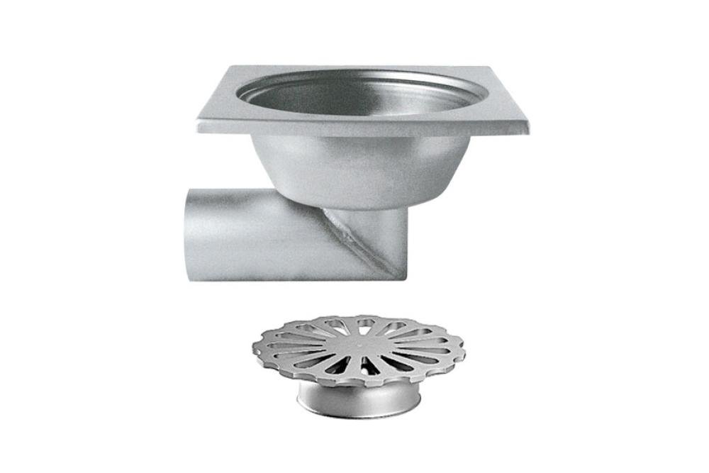 FMC-5010-000 | RVS VLOERAFVOERPUT 300X300MM ZIJDELINGSE AFVOER 100MM