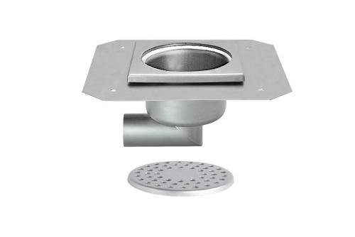 FMC-3026-000 | RVS VLOERAFVOERPUT 200X200MM ZIJDELINGSE AFVOER 63MM